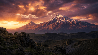 Snow-covered Mount Ararat under a pastel sky