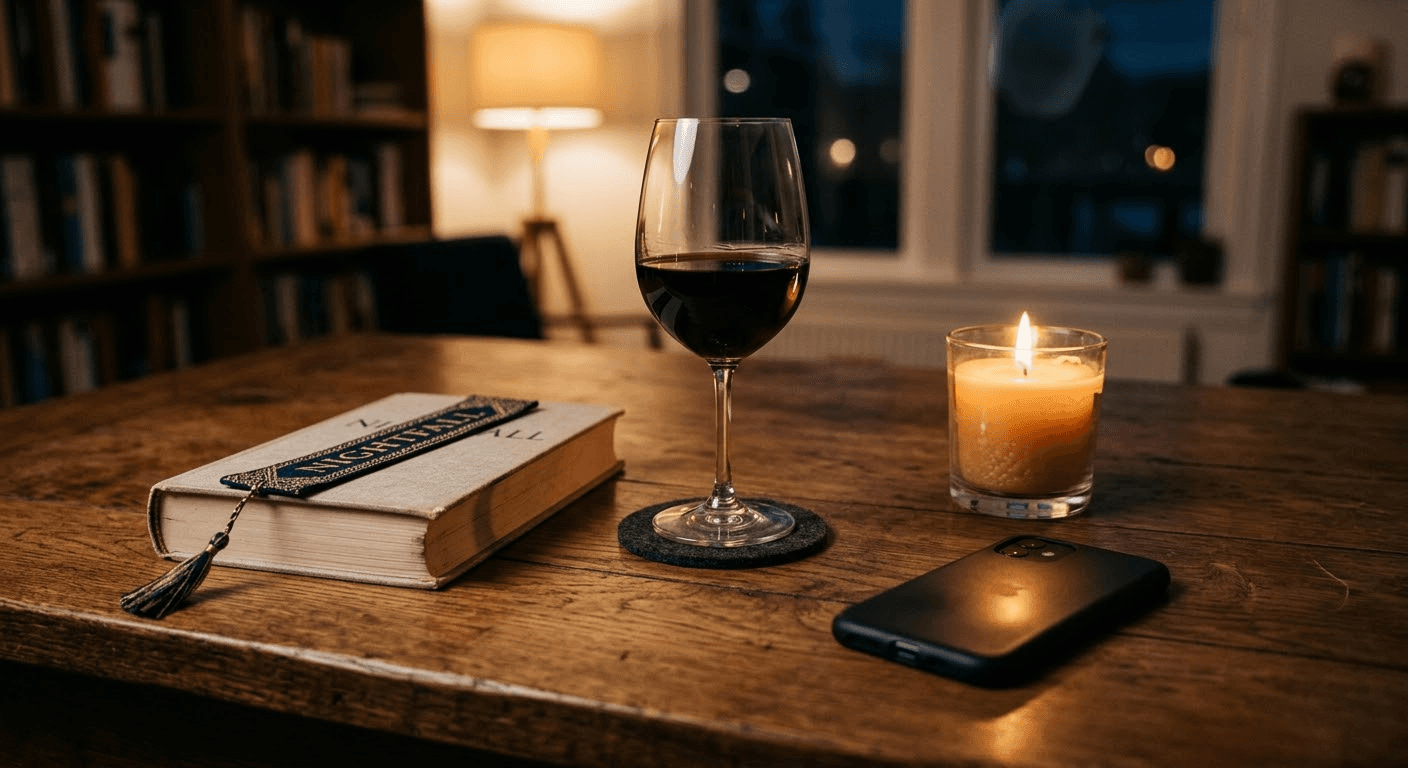 Still life with a wine glass, book, candle, and phone