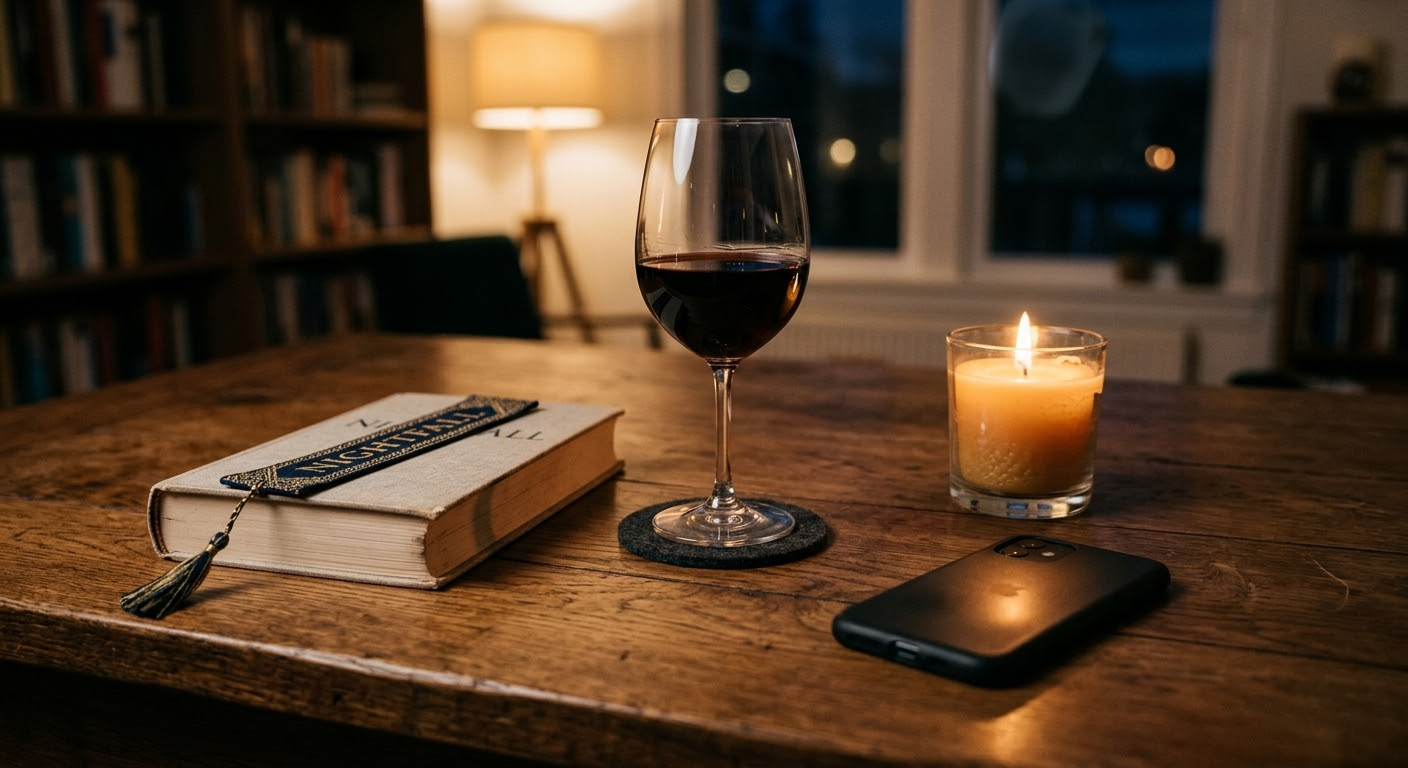 Still life with a wine glass, book, candle, and phone